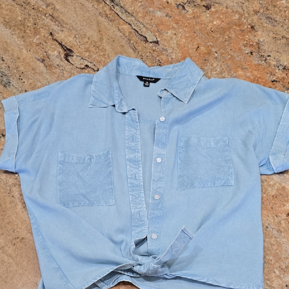 Light Blue Crop Tie-Front Shirt - Women